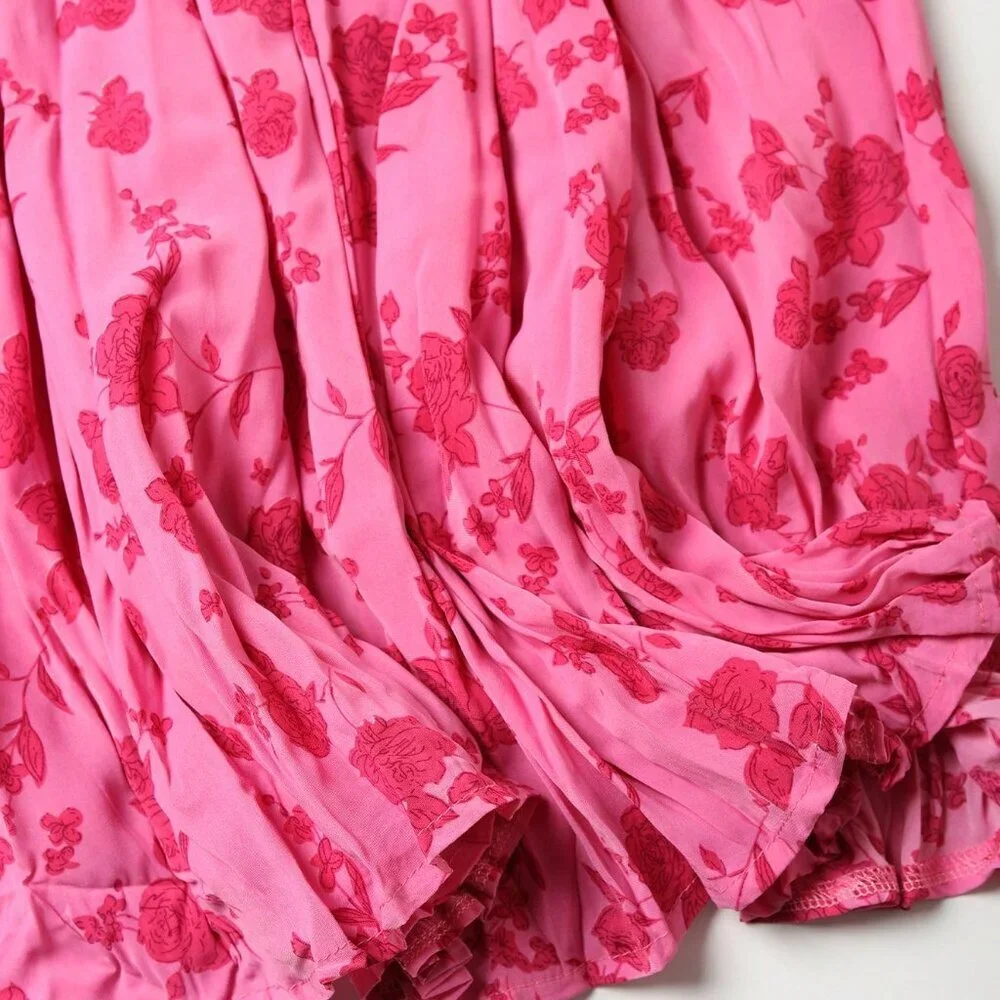 Rose Pink Boho Women's Plus Size Ditsy Floral Pleated Skirt